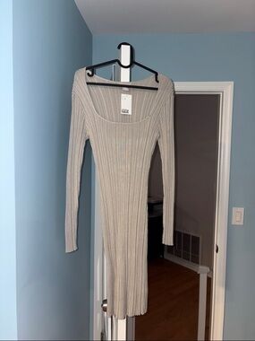 H&M Ribbed Long Sleeve Bodycon Dress in Light Gray
